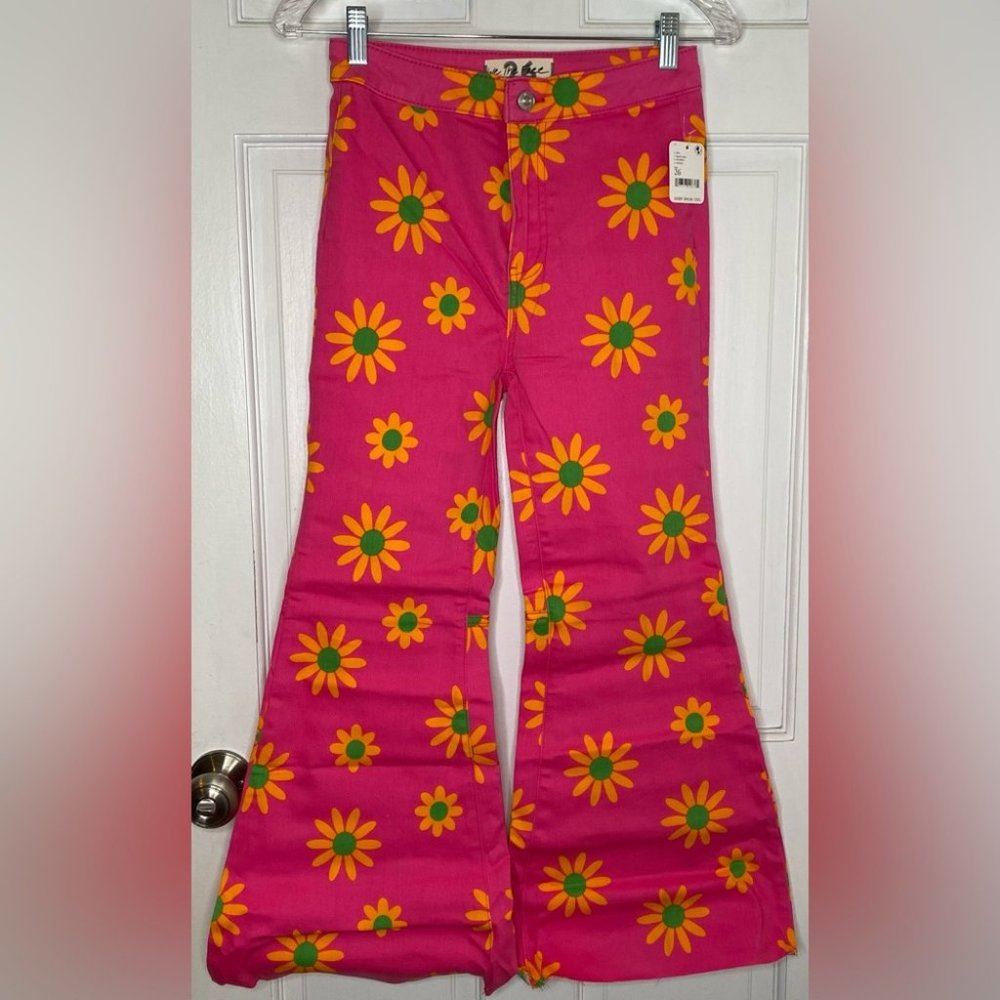 63) NWT Free People YouthQuake Pink Orange Floral Printed Crop Hipster Jeans - Picture 8 of 8